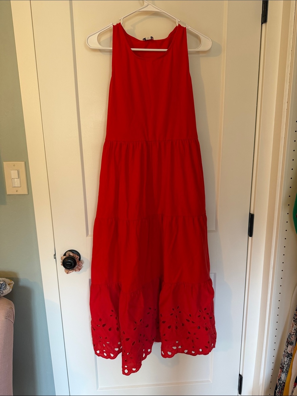 J. Crew Red Sleeveless Tiered Maxi Dress with Eyelet Hem
